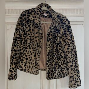 MERONA Women's Faux Fur Leopard Print Jacket Funnel-Neck Cabincore Size Medium